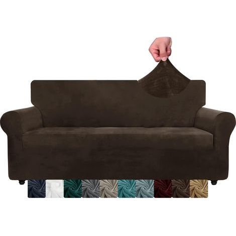 CHELZEN Velours Extra Large Sofa Cover 4 sièges Housses de canapé Extensibles épaisses pour Chiens et Animaux de Compagnie (4 Places, Café Foncé) (1/4)
