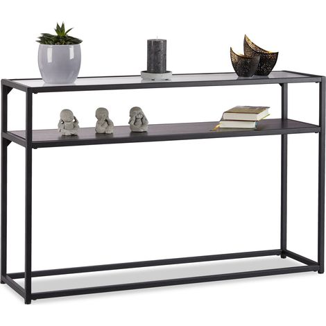Relaxdays Glass Console Table, Transparent Tabletop, Metal Frame, Stand, 4-Legged, HxWxD: 70.5x110x30 cm, Black