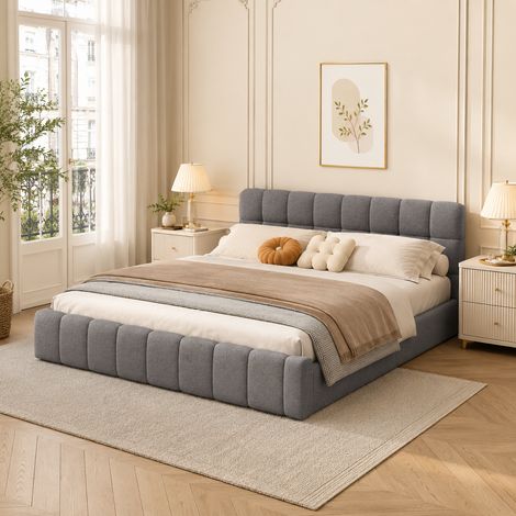 Lit double 140 × 200 cm, design encastré, cadre de lit 140 × 200, rembourrage en mousse haute densité, lit capitonné, style moderne, sommier à lattes, lit adultes,lit ados, Lin, Gris (1/5)