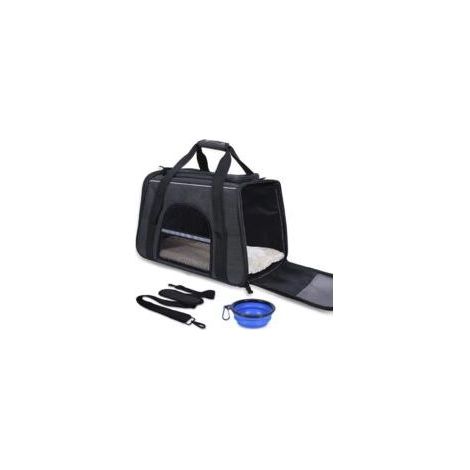 Sac de transport pour chat et chien Respirant et Pliable avec Bol pliant 44x25x28cm Noir (1/4)