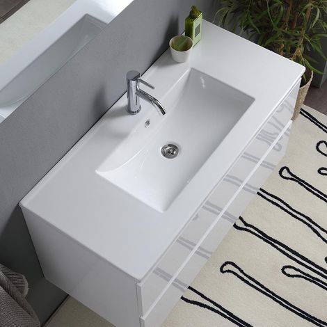 Kiamami Valentina – Meuble de salle de bain suspendu 100cm – Double tiroir blanc brillant – Lavabo en céramique intégré – Miroir avec lampe 100x60 — vue 3