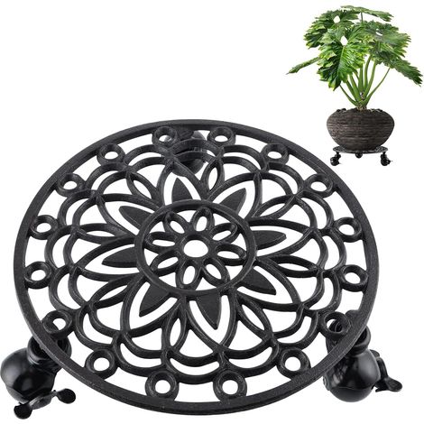 28cm Support pour Plante à Roues, Porte Plante a roulettes en Fonte, Soucoupe avec Roues pour Plante avec Frein, Noir (1/5)