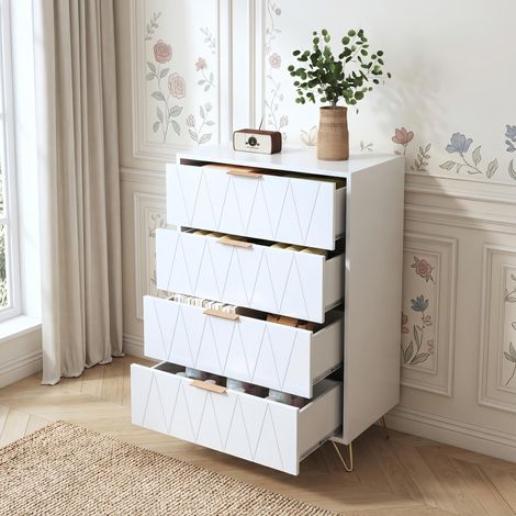 Commode scandinave 4 tiroirs blanche 60 cm – Pieds dorés, poignées dorées – Rangement élégant pour chambre et salon
