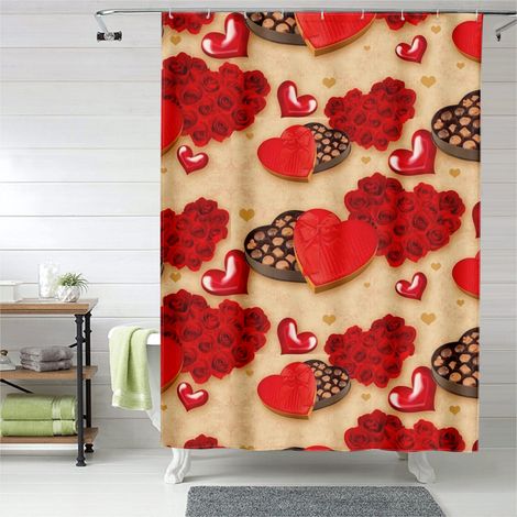 Rideau de douche cœurs rouges pastel doux, rideau salle de bain imperméable, 180x180 cm (1/5)