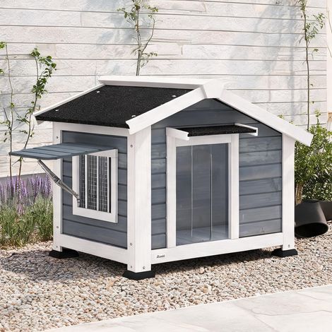 Niche chien bois avec toit asphalté et fenêtre ouvrante gris (1/5)
