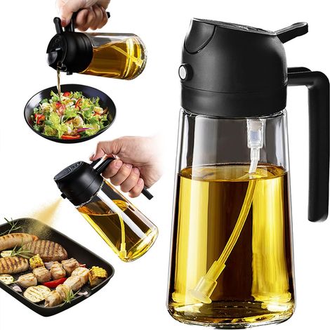Spruzzatore per olio d'oliva in vetro da 470 ml (16 oz) per cucina - Flacone erogatore per olio d'oliva 2 in 1 per utensili da cucina, accessori per friggitrice ad aria, insalate e grigliate - Nero