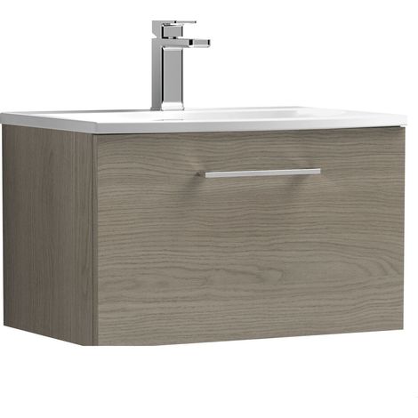 Balterley Modern Bathroom Wall Hung 1-Drawer Vanity & Curved Basin, Solace Oak, 600mm