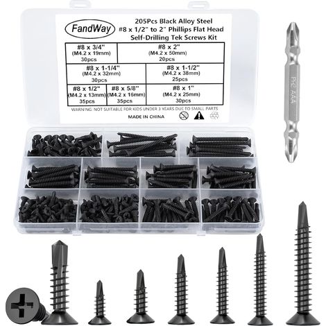 205 Pièces Vis Autoforeuse Metal Noir,M4.2x1350mm Vis à Tôle Autotaraudeses et Autoperceuse Autoperforante Inox 410 Cruciforme Tête Fraisée Plate pour Aluminium Bois Tôle Plastique. (1/5)