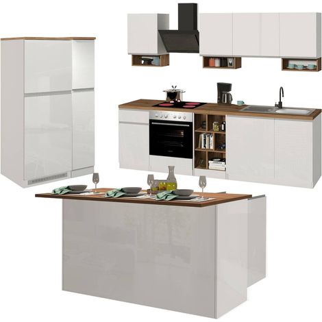 Dmora - Cucina completa Armend, Set con dispensa, Mobile per cucinotto, Kit blocco con isola e portafrigo, 100% Made in Italy, Bianco lucido e Rovere (1/3)
