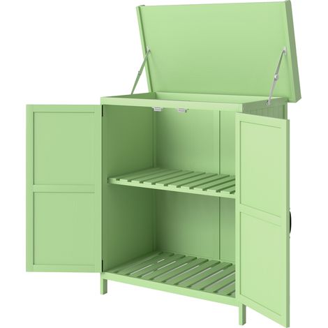 Wooden Garden Shed, Garden Tool Storage Shed with Hinged Roof Shelf, Outdoor Storage Cabinet with Double Doors, Light Green (1/5)