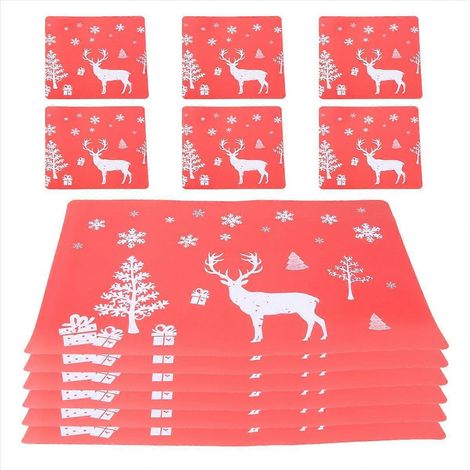 Set aus 6 abwaschbaren Platzsets und 6 abwaschbaren Untersetzern für Weihnachten (rot) (1/5)