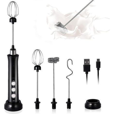 Tragbarer Milchaufschäumer, 3-stufiger, per USB wiederaufladbarer elektrischer Schneebesen, Mini-Aufschäumer mit 3 Edelstahl-Schneebesen, ideal für Bulletproof Coffee, Lattes und Cappuccinos. (1/5)