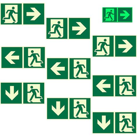 Lot de 9 Plaque de Issue der Secours, 300 x 150 mm  Panneau de Sortie de Secours, Phosphorescent, Adhésif PVC Imperméable Résistant (Gauche, Droite, ci-dessous) (1/5)