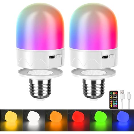 Lot de 2 ampoules LED rechargeables USB avec télécommande, vis E27 et magnétiques, intensité variable, 9 couleurs RVB, 3000 mAh, veilleuse, 3 minuteries, mémoire (1/5)