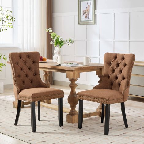 Lot de 2 chaises de salle à manger, chaise capitonnée pour salon et cuisine, en lin et bois massif de contemporain avec dossier à oreilles, Café (1/5)