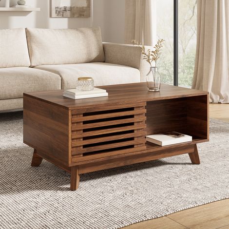 Mesa de centro de MDF acabado nogal 90 cm con tablero elevable y puerta corredera de lamas (1/5)