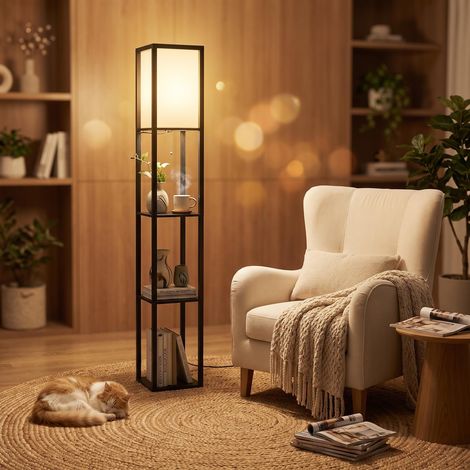 Lampadaire sur Pied Salon, Design Lampadaire Chambre avec 3 Etagères Douille E27, Lampe Salon en Bois MDF avec Abat-Jour, 1.6M Lampe sur Pied de Lecture Bureau, Noir (1/5)