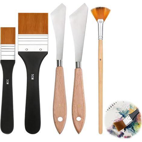 5-teiliges Malmesserset mit Flachpinsel (5 cm und 3 cm), Künstlerpinsel, Fächerpinsel, Pinselset mit Holzgriff, Malerspachtel aus Edelstahl, Leinwandspachtel, Acryl