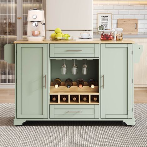 Îlot central cuisine avec table extensible rabattable, desserte cuisine mobile sur roulettes avec rangement, meuble bar avec porte-bouteilles et porte-verres, placards avec étagères réglables, vert ef (1/5)