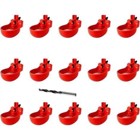 Lot de 15 bols à eau pour volaille - Pour bouteilles d'eau de 15 gallons et tuyaux en PVC - Abreuvoir réglable en plastique - Avec foret - Système de 25 pièces (1/5)