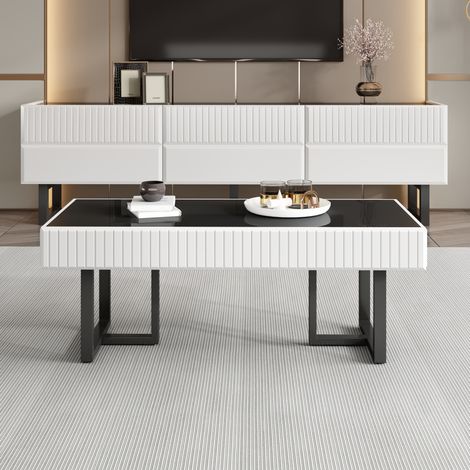 Conjunto de mesa de centro y mueble TV (170x35x47 cm y 110x50.5x41 cm), con almacenaje, MDF, negro y blanco (1/5)