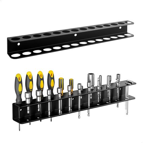 2 Pièces Support Tournevis Mural, 40 CM Support Outils Mural, 14 Trous Support Mural Pinces et 23 Trous Rangement Tournevis, avec Vis et Tubes Expansibles, Idéal pour Garage, Atelier et Établi, Métal (1/5)
