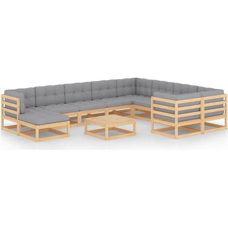 11-tlg. Garten-Lounge-Set mit Kissen Kiefer Massivholz