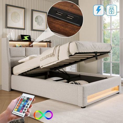 Lit Coffre - SOGEU - 90x200 cm - Lin beige - LED multicolore & 2 USB - Sommier à lattes, grand rangement (1/5)
