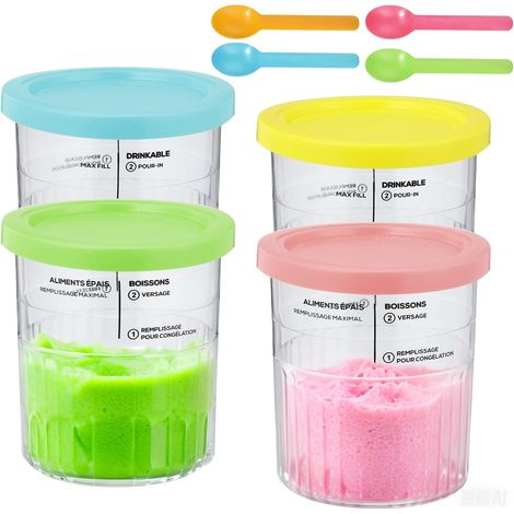 4 Pièces Pot pour Ninja Creamy Deluxe,Récipients À Crème Glacée pour Ninja Creami Deluxe NC501/NC500 Series,Machine à glace creami accessoires pour Ninja avec cuillère et couvercle (1/5)