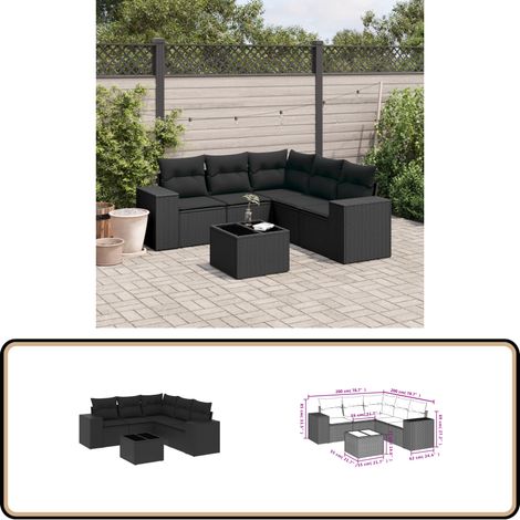 6-tlg. Garten-Sofagarnitur mit Kissen Schwarz Poly Rattan - Gartenmöbel - Esstischgarnitur - Outdoor Möbel - Lounge Set - Rattan Gartenmöbel