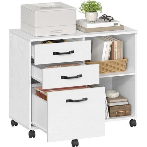 Caisson de rangement à 3 tiroirs bureau 40 x 80 x 66 cm design industriel ambiance cosy en aggloméré blanc boisé (1/2)