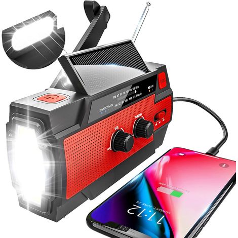 Radio solar portátil AM/FM con batería recargable de 4000 mAh y linterna LED roja. (1/5)