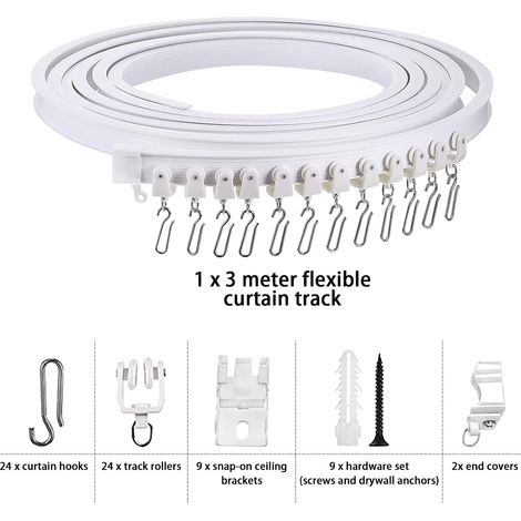 3M Gardinenschiene, flexible Gardinenstange, flexible Gardinenschiene mit 24 Gardinenhaken und 16 Rollen für Balkon, Erkerfenster, Wohnzimmer, Badewanne, Wohnmobil