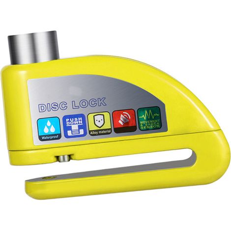 Antivol de disque de vélo/moto avec alarme 110 dB, étanche IPX6 et antivol, jaune. (1/5)