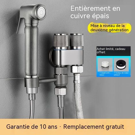 Nettoyeur de Toilettes à Pression, Robinet en Cuivre Massif Gris Gun Métal, 3M Tuyau Extensible, Double Sortie, pour Salle de Bain (1/5)