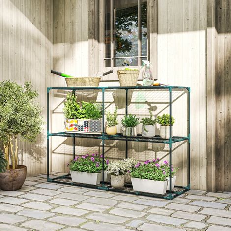 Stand à plantes à 3 niveaux, support fleuri de 100 cm de haut avec étagères, acier à plusieurs niveaux vert foncé