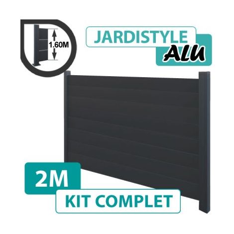 Kit Clôture Aluminium Gris Anthracite 2M - Plein - 1,60 mètre