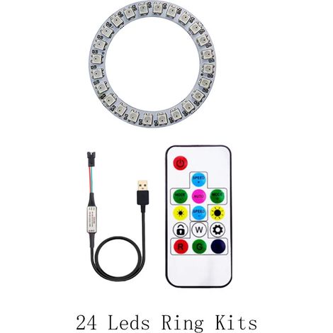 (Kits d'anneaux LED 24 LED - Circuit imprimé noir) Anneau LED pixel WS2812B DC5V, anneau adressable individuellement, circuit intégré WS2812 avec module LED intégré et contrôleur USB à 14 touches de v (1/5)
