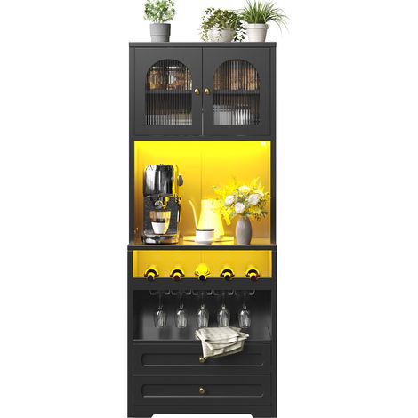 Colonne de rangement noire avec portes vitrées cintrées, éclairage LED contrôlable par application et synchronisation musicale, étagères réglables, porte-vin et port USB (1/5)