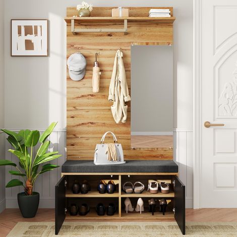 Meuble d’entrée 100x38x190 cm, ensemble vestiaire avec miroir, coussin et panneaux porte-manteaux muraux à fixer, panneaux de particules, Noir (1/5)