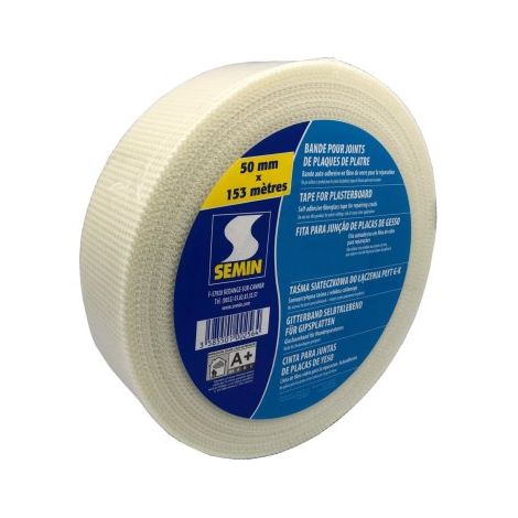 Semin – Bande grillagée adhésive en fibre de verre 50 mm x 153 ml – Pour joints plaques de plâtre – Invisible après finition – Pose classique (1/3)