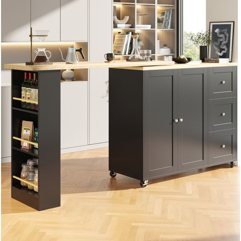 Mueble de cocina isla con ruedas 360°, 135-203 x 39 x 106 cm, 3 cajones, negro HAVRYA (1/5)