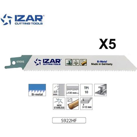 Lame scie sabre Izar S922HF bimétal (x5) pour inox 150 mm 10TPI