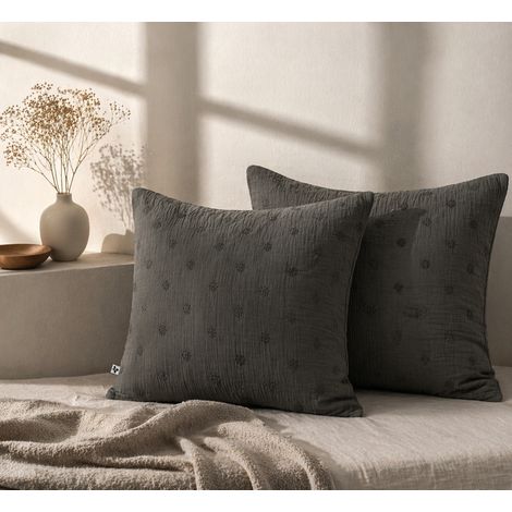 Lot de 2 Taies d’Oreiller 60 x 60 cm – Gaze de Coton Brodée – GAÏA BOHO Granit