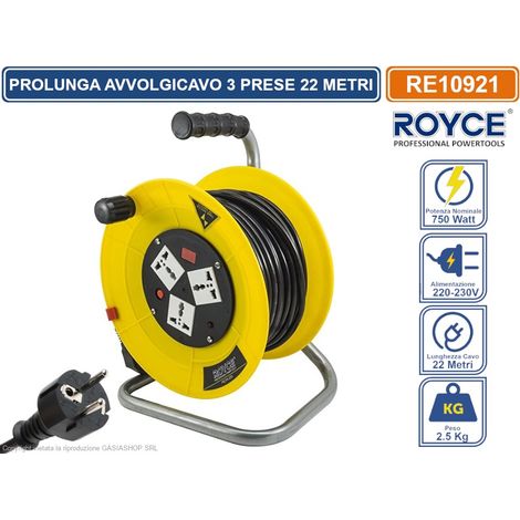 PROLUNGA AVVOLGICAVO 22 METRI 750W CON 3 ATTACCHI UNIVERSALI 16A E SPINA SCHUKO (1/3)