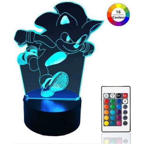 Sonic Hedgehog Lampe veilleuse pour enfants, Illusion tactile 3D,16 couleurs changeantes Intensité variable Avec télécommande (1/4)