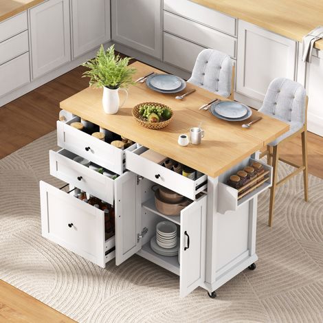 Kücheninsel 107x45-70x90.5 cm weiß und natur aus MDF mit Rollen und ausziehbarer Arbeitsplatte (1/5)