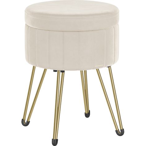 Songmics – Tabouret de rangement rond en velours – Repose-pieds confortable 39 x 44,4 cm – 4 pieds en métal – Espace de rangement 9,4 L – Blanc crème