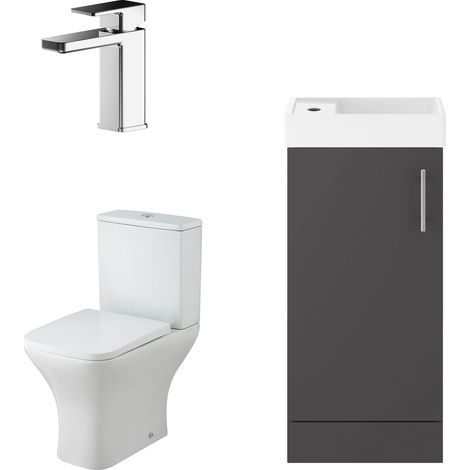 Cloakroom Suite - Floor Standing Vanity Basin Unit, Tap, and Toilet - Gloss Grey (1/5)
