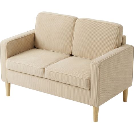 Canapé 2 places avec 2 coussins décoratifs, espace de rangement, pieds en bois massif, petit loveseat moderne en velours côtelé, dimensions 117 × 63 × 79 cm, beige